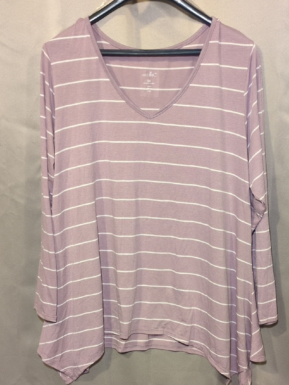 just be Mauve and White Striped V-Neck Long Sleeve Top